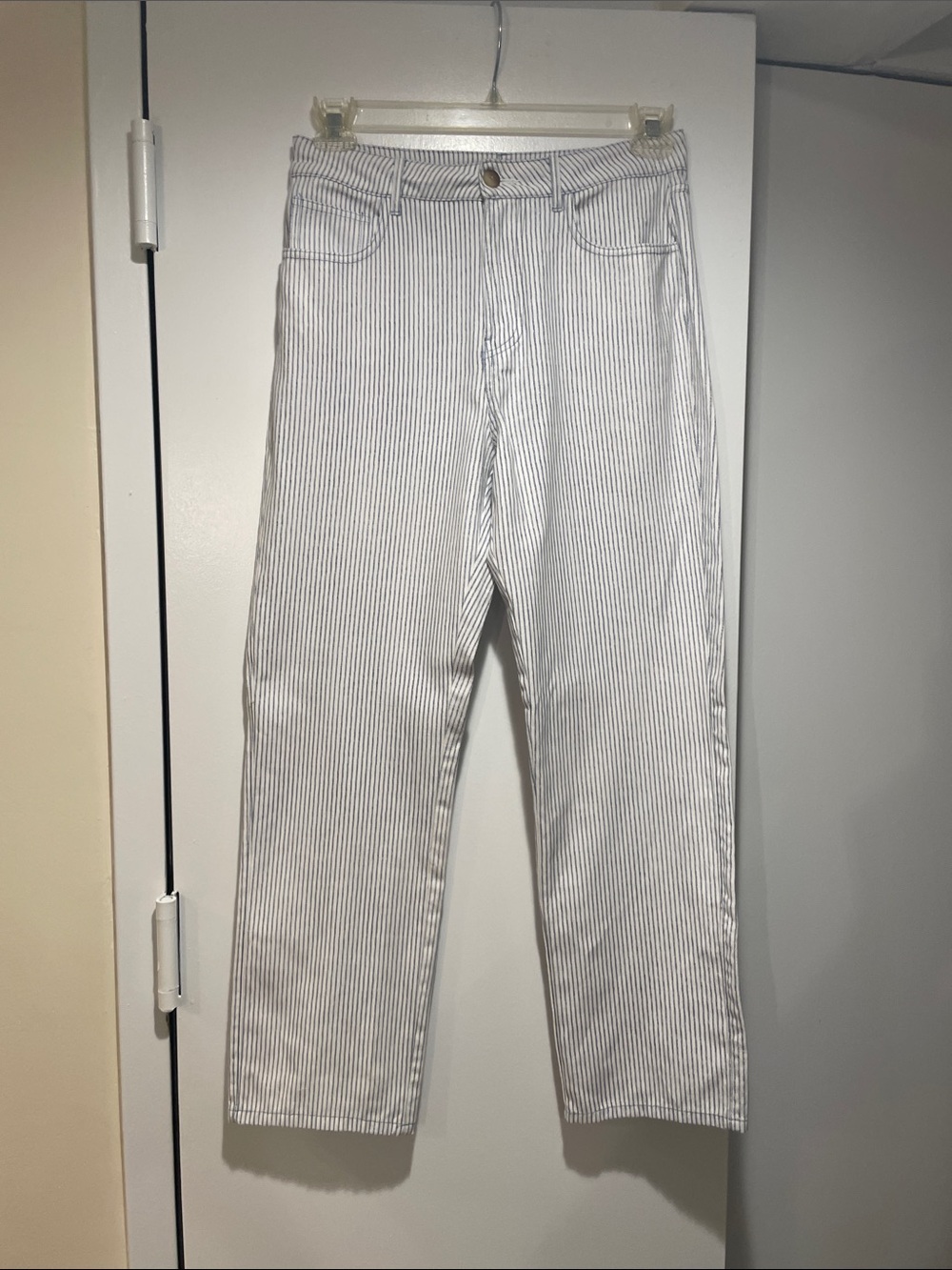 Zara White and Navy Pinstripe Straight Pants